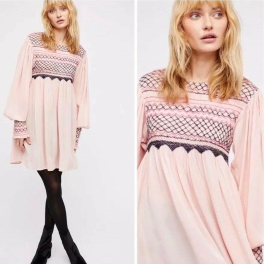 Free People Late Night Picnic Pink Balloon Sleeve Boho Embroidered Dress Size XS